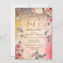 Invitación Floral de lujo, mariposa, luz Ombre 80 cumpleaños