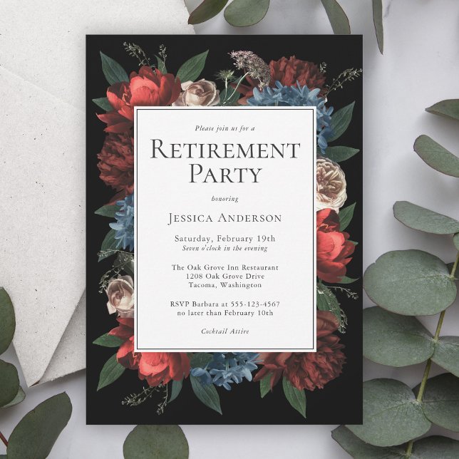 Invitación Floral de lujo sobre Fiesta de Jubilación Elegante (Subido por el creador)