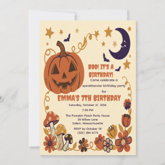 Invitación floral de luna de calabaza de Halloween