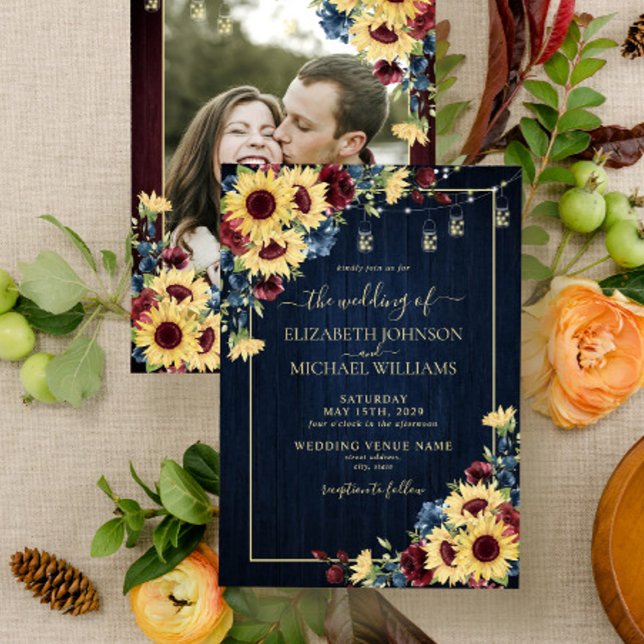 Invitación Floral de madera de borgoña azul de la marina del  (Subido por el creador)