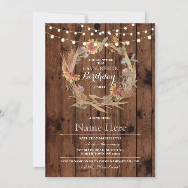Invitación floral de madera de cumpleaños de 60 añ (Anverso)