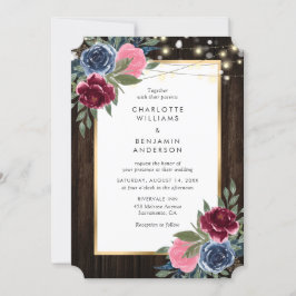 Invitación Floral de madera rústica de oro rosa azul borgoña