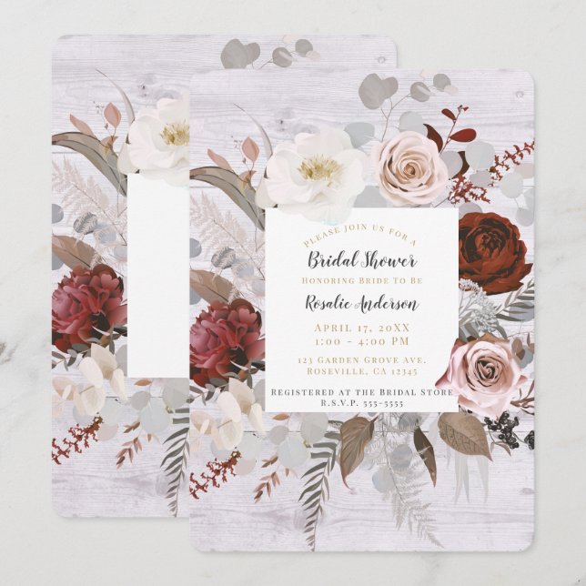 Invitación Floral de madera rústica florece Rubor Gray Bridal (Anverso / Reverso)