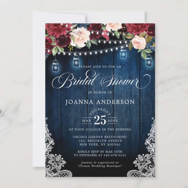 Invitación Floral de madera rústica Mason Jar Bridal Shower (Anverso)
