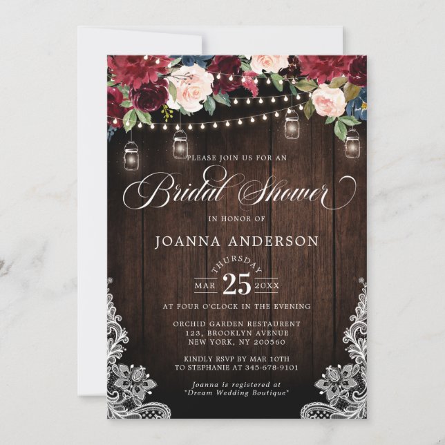 Invitación Floral de madera rústica Mason Jar Bridal Shower (Anverso)