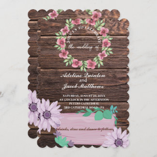 Invitación Floral de madera rústica Script y boda de fotograf