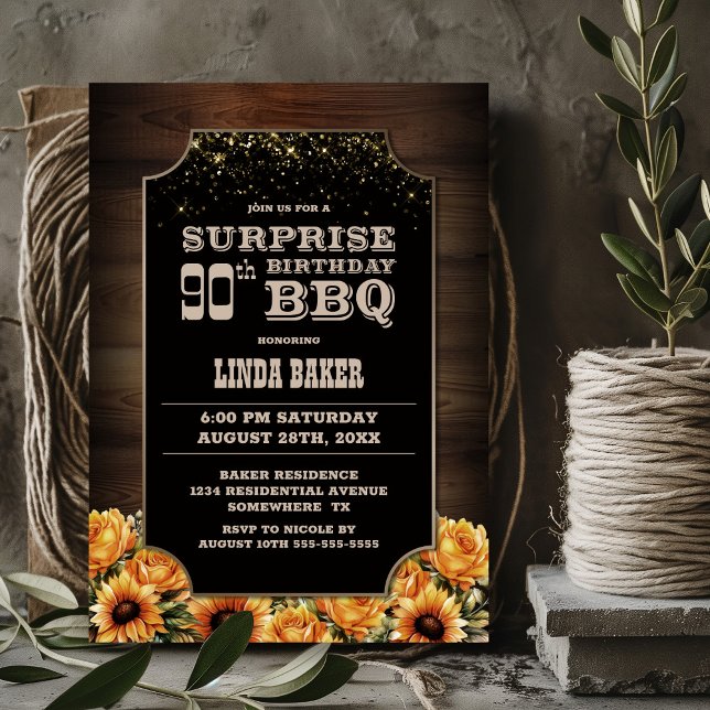 Invitación Floral de madera rústica sorpresa 90 cumpleaños BB (Subido por el creador)