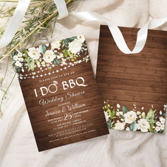 Invitación Floral de madera y rosas blancas I Do BBQ Wedding  (Subido por el creador)