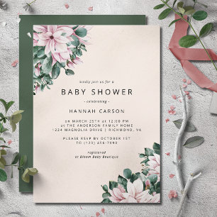 Invitación Floral de Magnolia rosa Baby Shower de marfil y