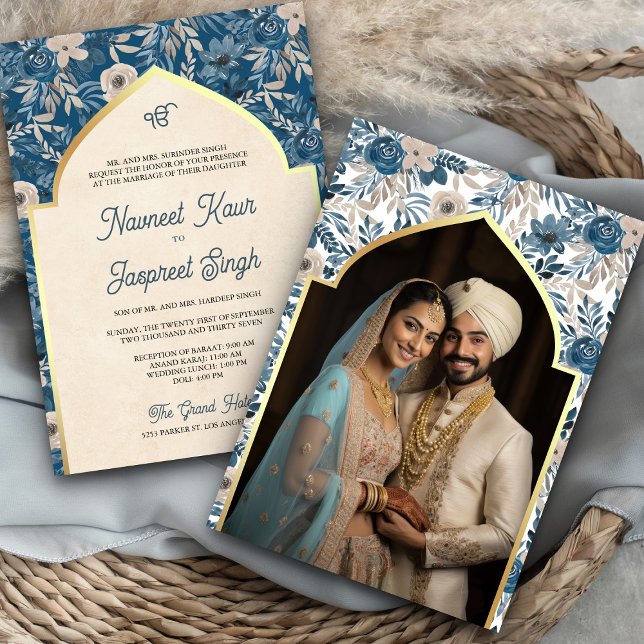 Invitación Floral de marfil azul Anand Karaj Sikh Boda (Subido por el creador)