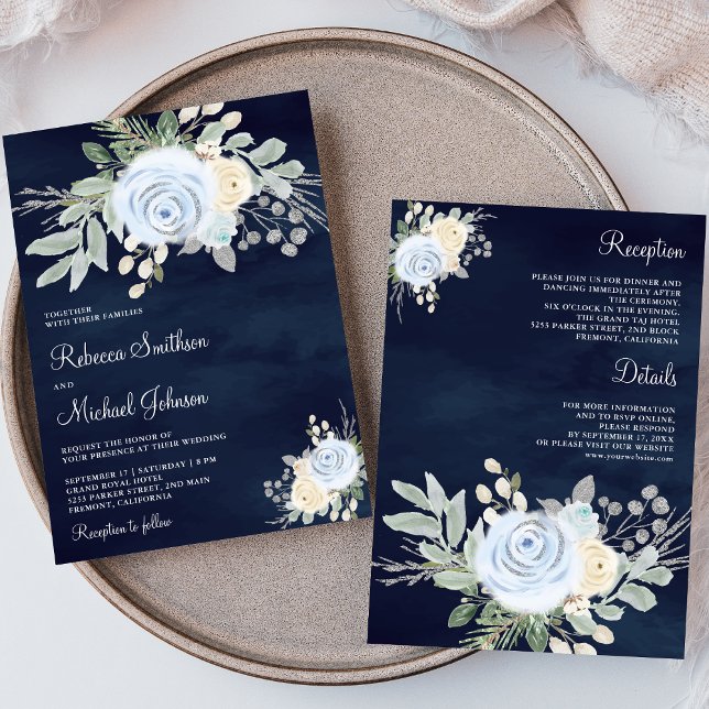 Invitación Floral de marfil azul en un Boda de la marina (Subido por el creador)