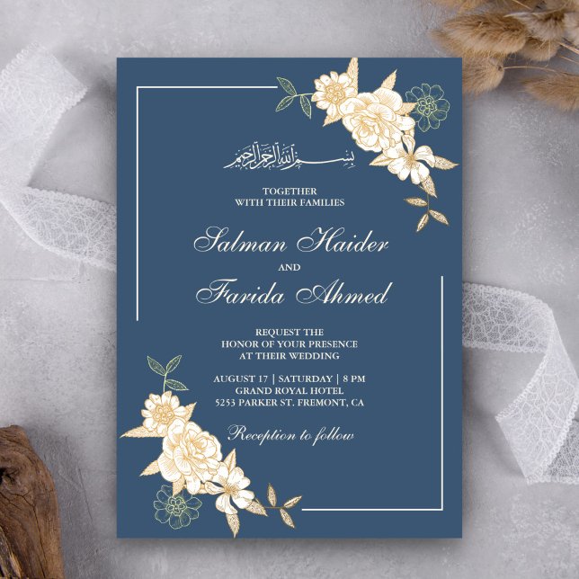Invitación Floral de marfil azul rama Boda musulmana (Subido por el creador)