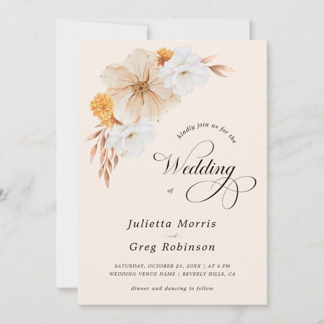 Invitación Floral de marfil Boda elegante de código QR (Anverso)