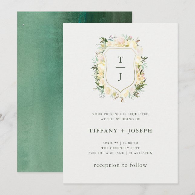 Invitación Floral de marfil con verde | Boda de Escudo de acu (Anverso / Reverso)
