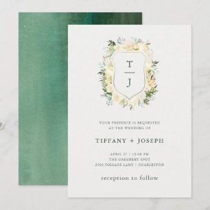 Invitación Floral de marfil con verde   Boda de Escudo de acu