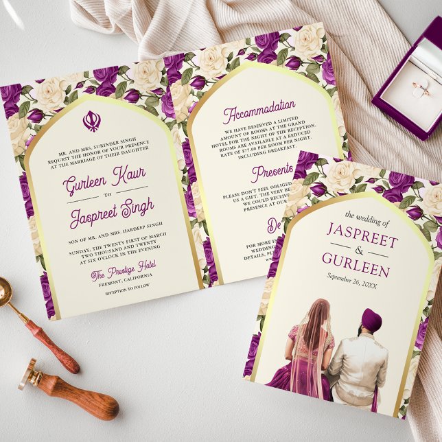 Invitación Floral de marfil morado todo en un Boda sij (Subido por el creador)