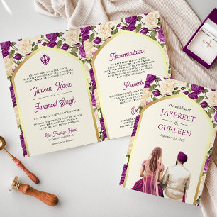 Invitación Floral de marfil morado todo en un Boda sij