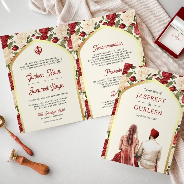 Invitación Floral de marfil rojo en un Boda sij (Subido por el creador)