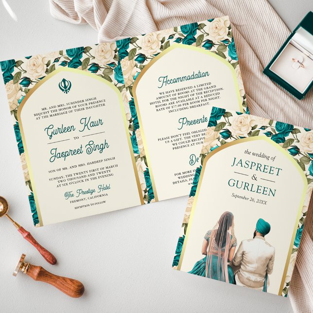 Invitación Floral de marfil verde azulada en un Boda sij (Subido por el creador)