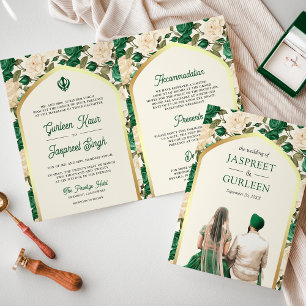 Invitación Floral de marfil verde esmeralda en un Boda sij