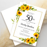 Invitación Floral de margarita blanca de girasol amarillo 50<br><div class="desc">tarjeta de 50 cumpleaños floral de girasol amarillo bonito. Las peonías amarillas y las margaritas blancas se mezclan con los girasoles. Un marco dorado rectangular le da un ambiente elegante. Muy fácil de personalizar. Esa espalda es blanca con un ramo de girasol. Esto es perfecto para una celebración de cumpleaños...</div>