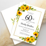 Invitación Floral de margarita blanca de girasol amarillo 60<br><div class="desc">tarjeta de cumpleaños número 60 de flor de girasol amarillo bonito. Las peonías amarillas y las margaritas blancas se mezclan con los girasoles. Un marco dorado rectangular le da un ambiente elegante. Muy fácil de personalizar. Esa espalda es blanca con un ramo de girasol. Esto es perfecto para una celebración...</div>
