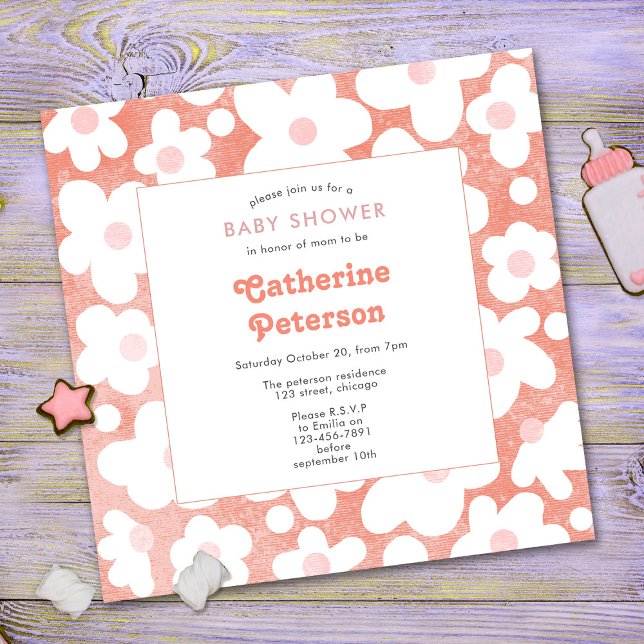Invitación Floral de margarita rosa retro moderna (Subido por el creador)