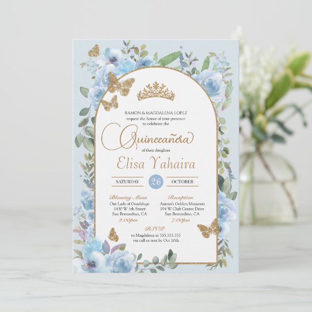 Invitación Floral de mariposa azul de bebé Quinceañera (Anverso de pie)
