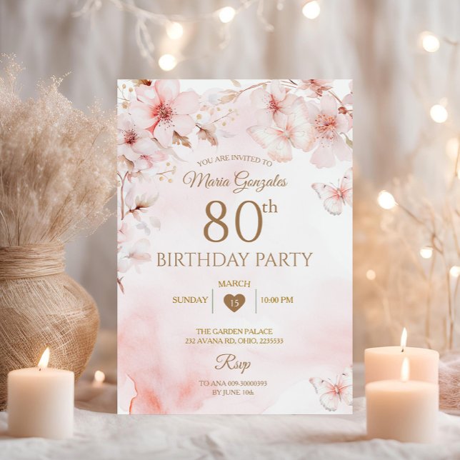Invitación Floral de mariposa con flores de cerezo 80º cumple (Subido por el creador)