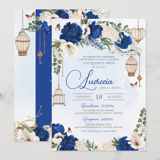 Invitación Floral de mariposa dorada azul elegante Quinceañer (Anverso / Reverso)