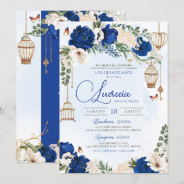 Invitación Floral de mariposa dorada azul elegante Quinceañer