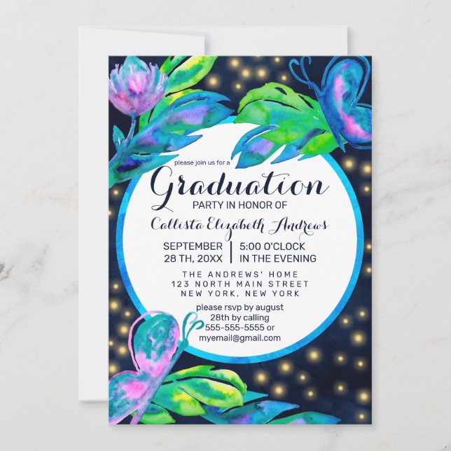 Invitación Floral de mariposa marina deja graduación de acuar (Anverso)