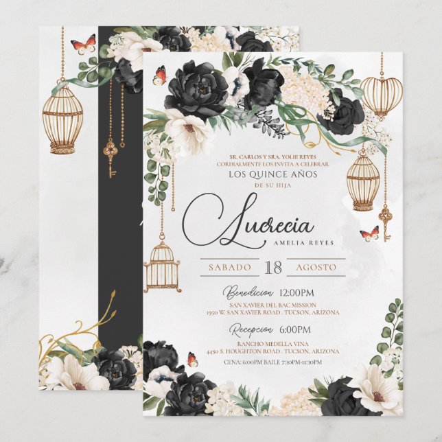 Invitación Floral de mariposa negra y dorada elegante Quincea (Anverso / Reverso)