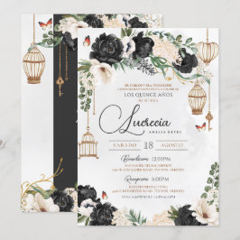 Invitación Floral de mariposa negra y dorada elegante Quincea