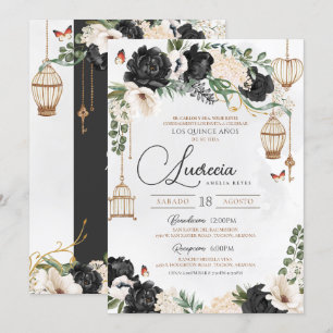 Invitación Floral de mariposa negra y dorada elegante Quincea