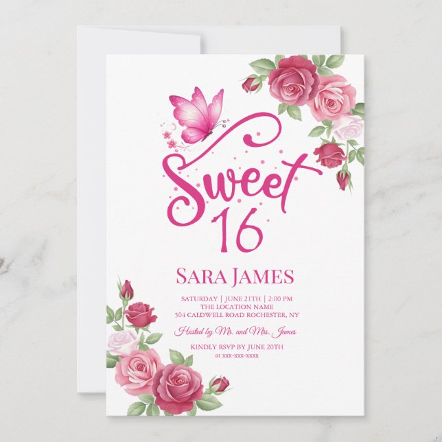 Invitación Floral de Mariposa para Cumpleaños Dulc (Anverso)