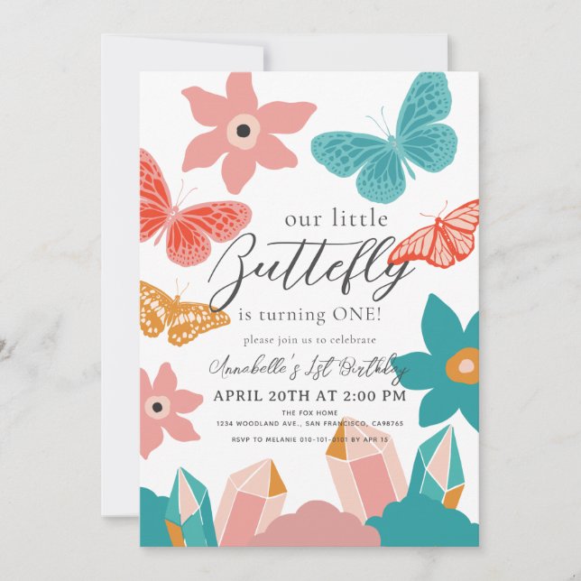 Invitación Floral de mariposa pequeña y cristal Primer cumple (Anverso)