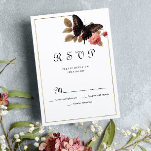 Invitación Floral de mariposa rosa dorada marrón vintage RSVP