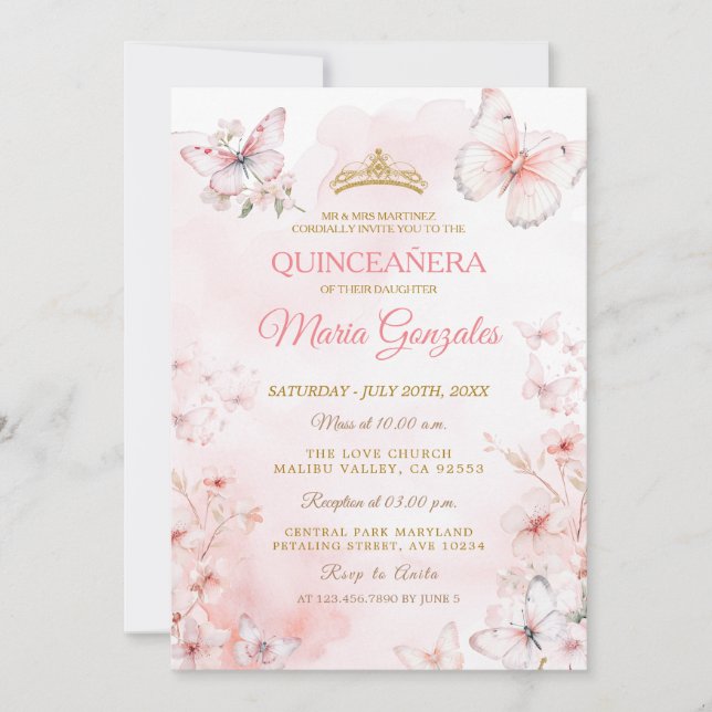 Invitación Floral de mariposa rosa Quinceañera (Anverso)