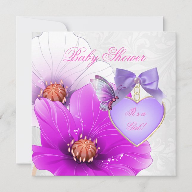 Invitación Floral de mariposa rosada morada chica Baby Shower (Anverso)