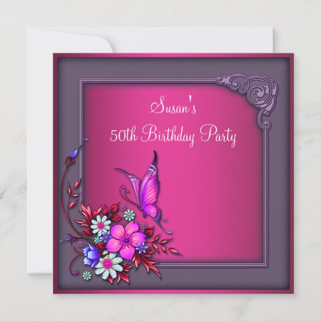 Invitación Floral de mariposa rosada púrpura púrpura 50 Años (Anverso)