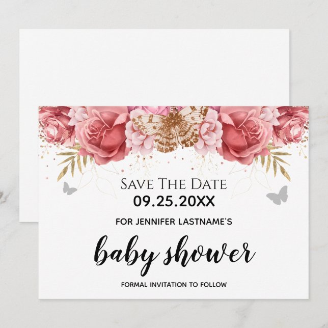 Invitación Floral de mariposas rosas Baby Shower Guardar la f (Anverso / Reverso)