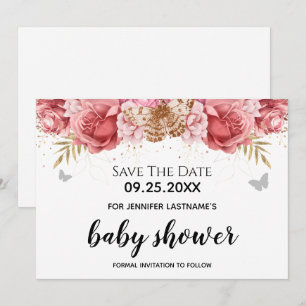 Invitación Floral de mariposas rosas Baby Shower Guardar la f