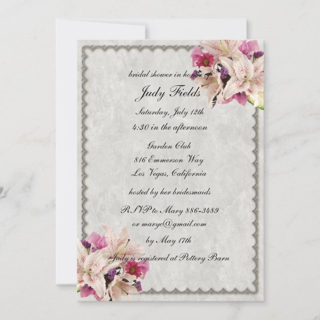 Invitación Floral de mármol blanco Boda ducha de novia (Anverso)