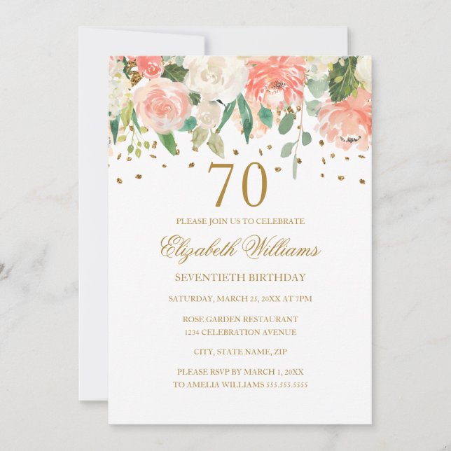 Invitación floral de melocotón dorado para el 70 c (Anverso)