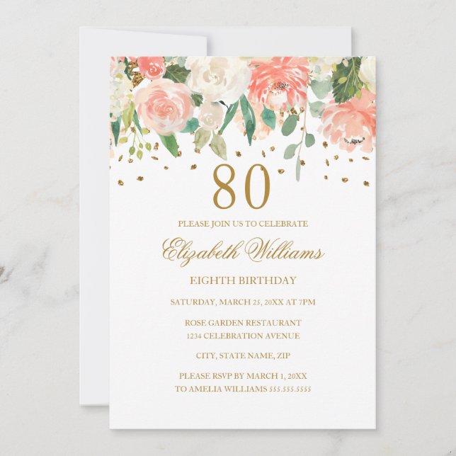 Invitación floral de melocotón dorado para el 80 c (Anverso)