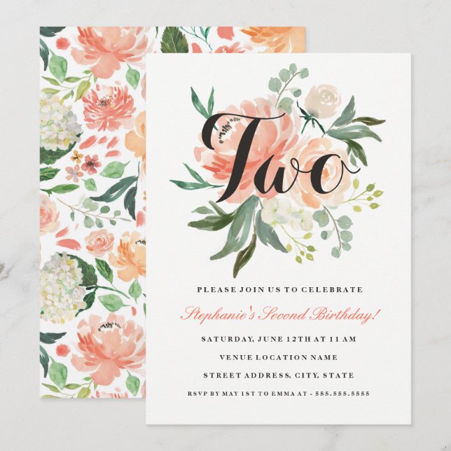 Invitación floral de melocotón rosa para el segund (Anverso / Reverso)