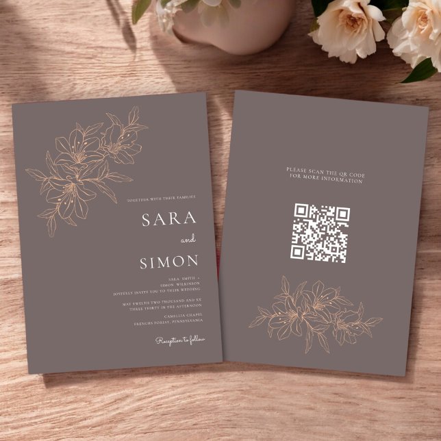 Invitación floral de melocotón rústico de código q (modern rustic peach floral wedding invitation with qr code for your wedding website )