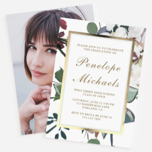 Invitación Floral de moda con Faux Gold Photo Graduation Part