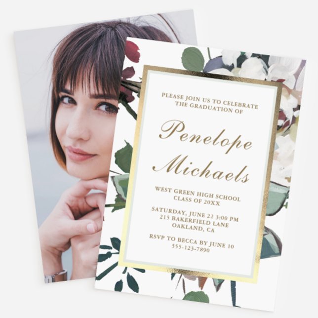Invitación Floral de moda con Faux Gold Photo Graduation Part (Subido por el creador)